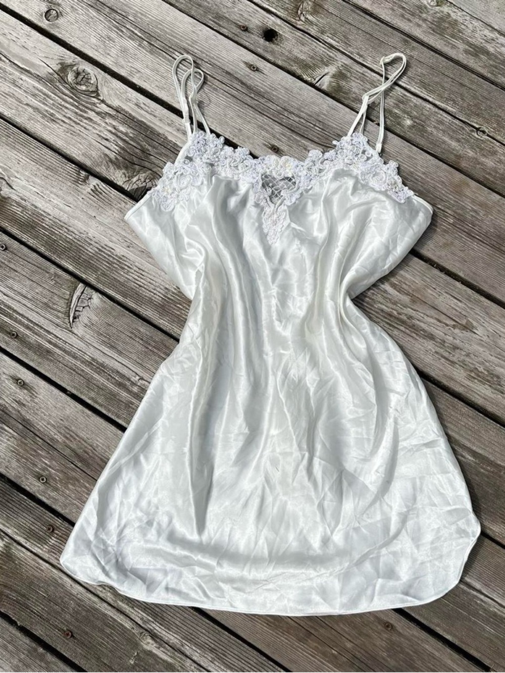 Dentelle white satin slip dress with beaded lace neckline